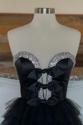 Strapless A-Line Black Ruffle Long Prom Dress